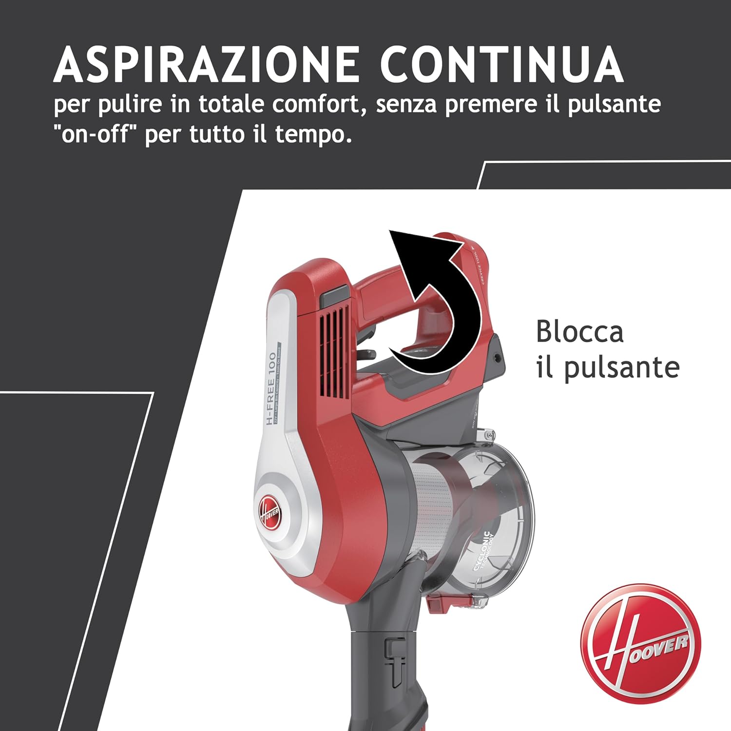 Hoover 39400928 HF122RH 011 Scopa Ricaricabile, H-Free 100, 0.9L, Batteria litio 22 V, 40 minuti, 2 velocità, Home, Griggio Rosso