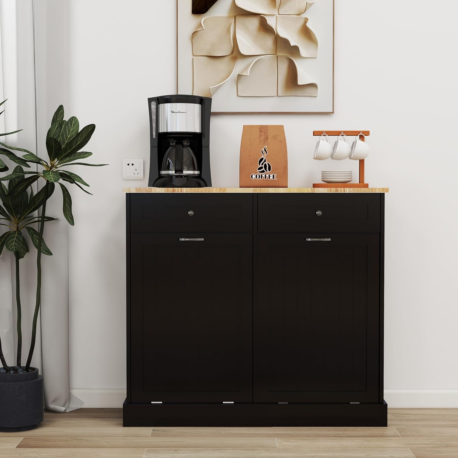 Two Drawers&Compartment Tilt-Out Trash Cabinet, Black Kitchen Trash Cabinet-Ideal for Kitchen Island Extension, Laundry Room Storage, Recycling, Holding Small Appliances