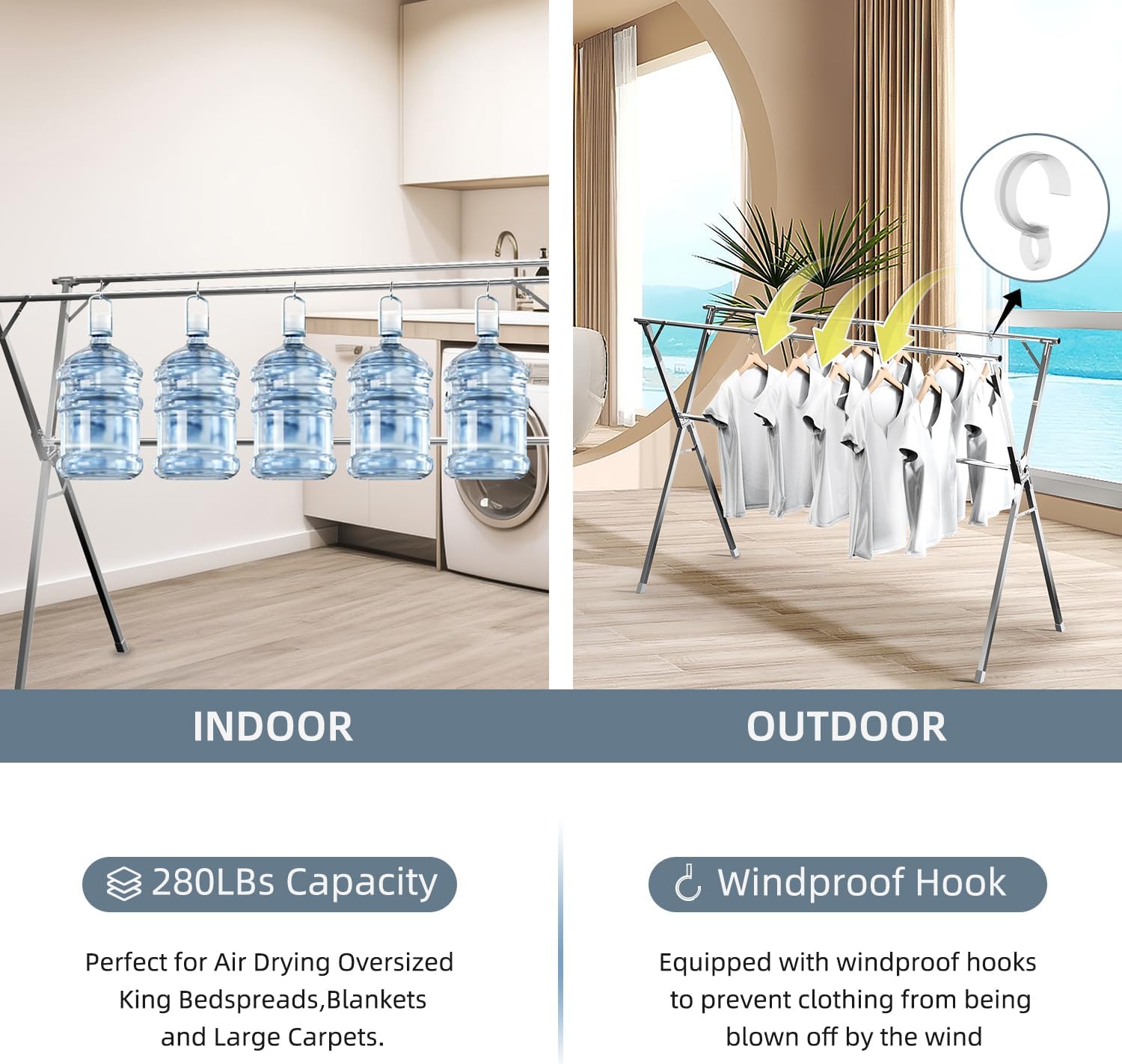 Clothes Drying Rack,Heavy Duty Stainless Steel Garment Rack,Adjustable and Foldable Laundry Drying Rack for Indoor Outdoor Drying Rack Clothing with 20 Windproof Hooks (Silver, 79