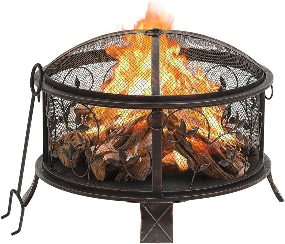 Steel Rustic Fire Pit with Metal Poker and Mesh Cover, Absorbing and Radiating Heat Outdoor Fire Pit Round Fireplace for Garden Patio 26.6