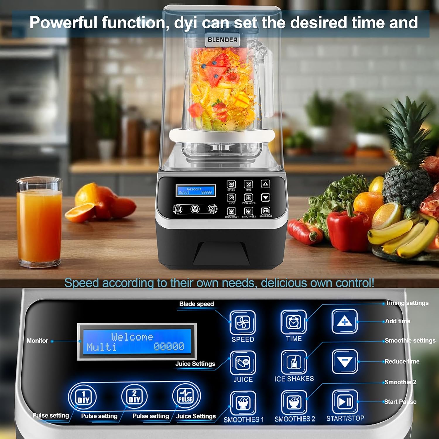 Commercial Blender 2200W 2.1QT 68OZ Quiet Blender Brushless Motors Commercial Smoothies, Frozen Drinks, Self-Cleaning Silver Grey