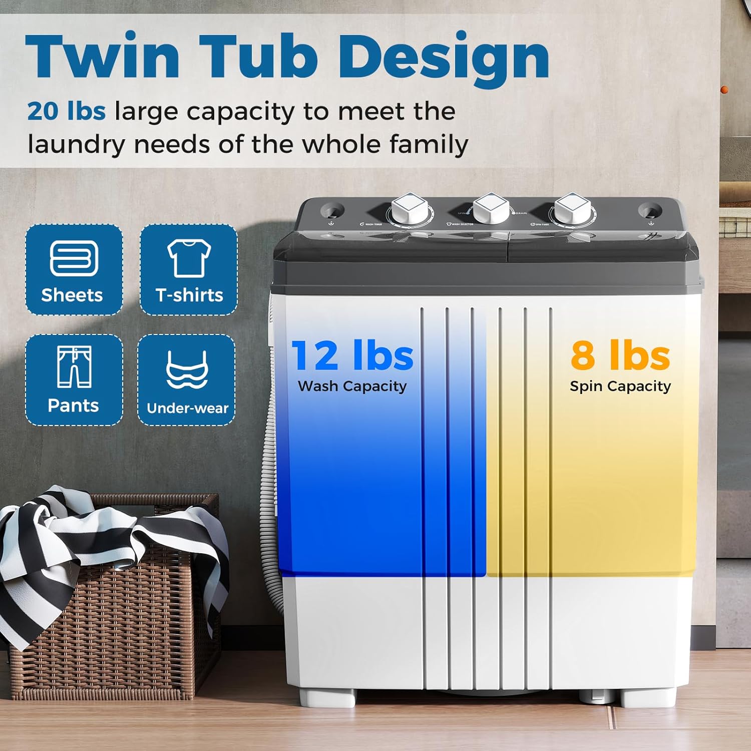 COSTWAY Portable Washing Machine, Twin Tub 20 Lbs Capacity, Laundry Washer 12 Lbs and Spinner 8 Lbs with Drain Pump, Timer Control, Perfect for Apartment Dorm RV, Grey