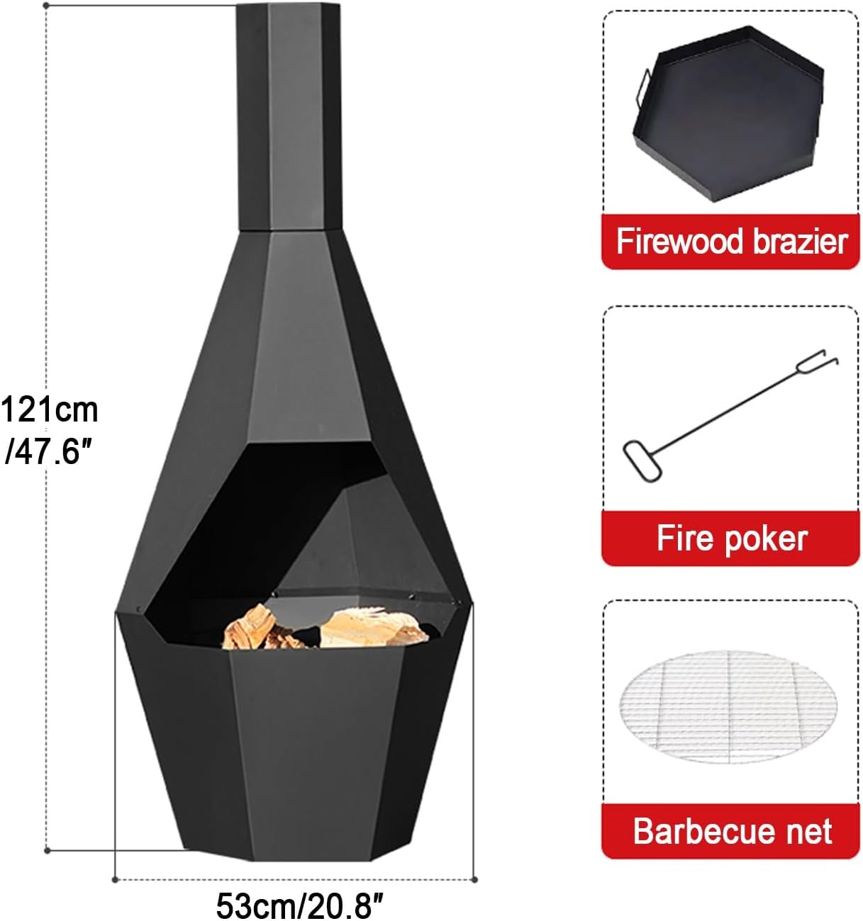 Chiminea Outdoor Fireplace, Outdoor Wood-Burning Chiminea Fire Pit, Camp Stove with Extended Chimney - 304 Stainless Steel Barbecue Grill, Firewood Brazier, Fire Hook