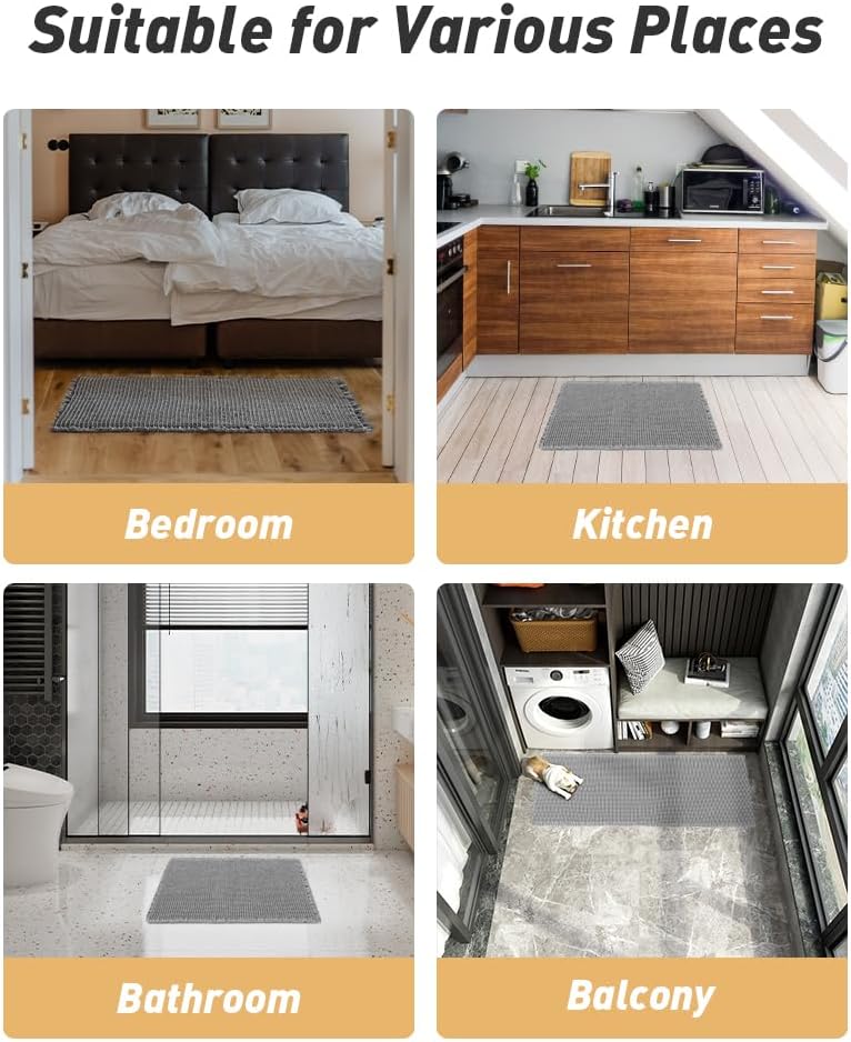 Upgraded Waffle Runner Rug Super Absorbent Non Slip Bath Mats for Bathroom Machine Washable Bathroom Runner Rug with Tassels, Ideal for Hallway Bedroom Laundry Room, Light Grey, 2' x 5'(24