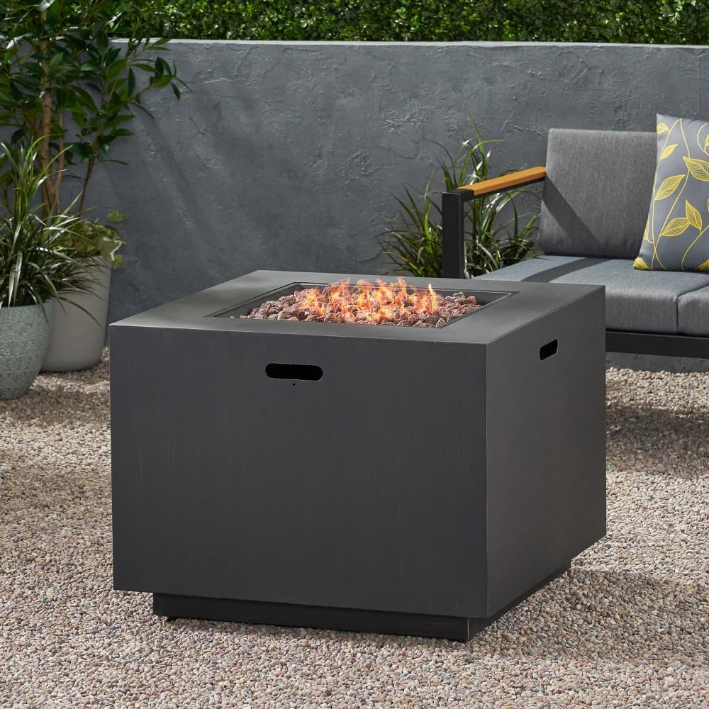 33 Inch Outdoor Square Propane Gas Fire Pit Table with Integrated Tank Enclosure, 50000 BTU, Weather-Resistant Brushed Brown Finish for Patio Backyard Garden
