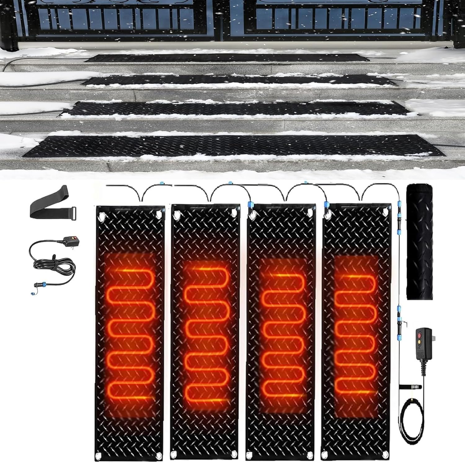 Snow melting mats outdoor driveway, Non Slip Rubber Heated Mat with Power Cord, Speed Snow and Ice Heated Pad for Winter Outdoor Stairs, Steps, Doorways, Walkways, Driveway(4 Pcs,40x200cm/15.7x79in)