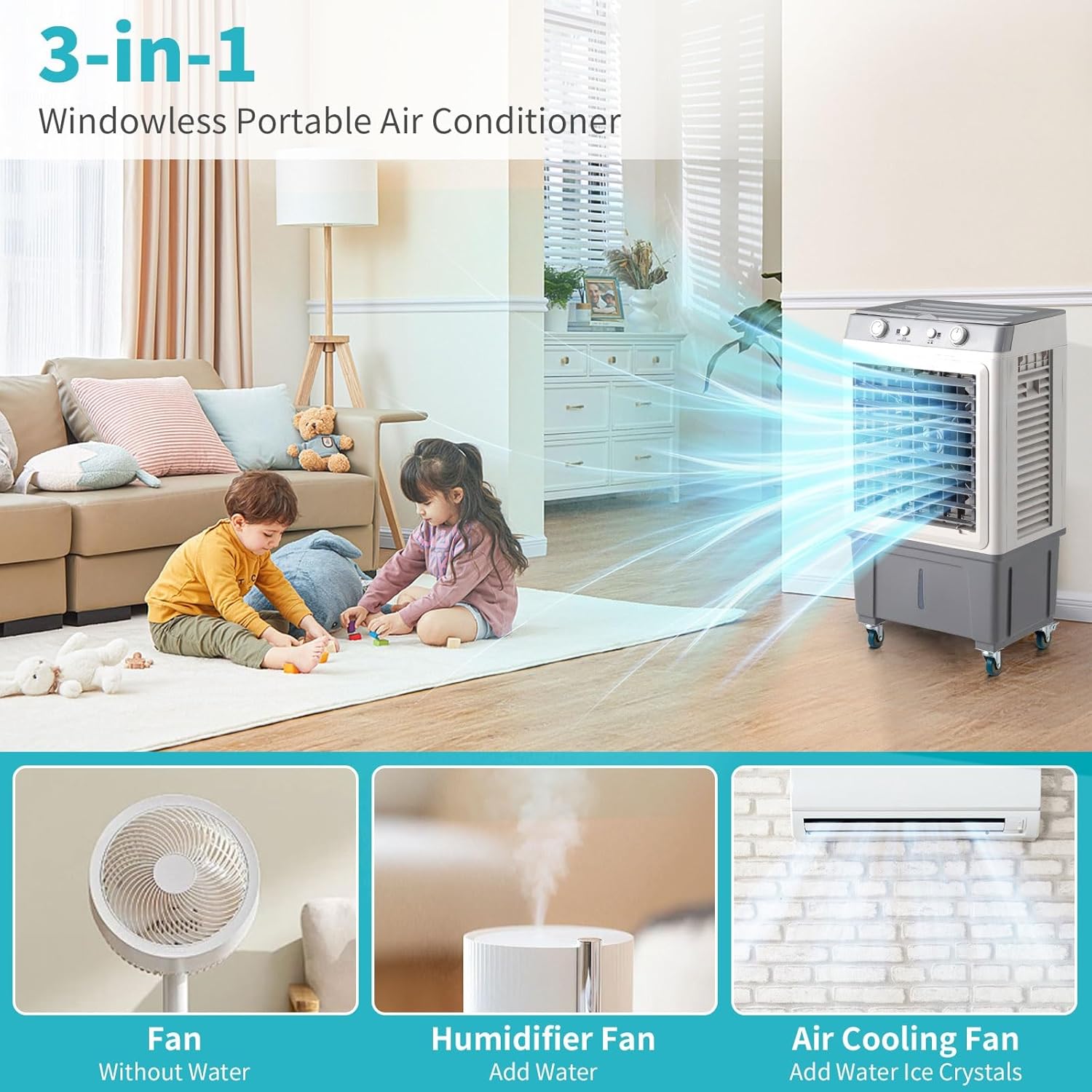 Portable Evaporative Air Cooler with 7.9 Gal Water Tank & 4 Ice Box, 2353CFM Swamp Coolers with Timer,3 Speeds, 90° Oscillation, 3 in 1 Portable Air Conditioner for Outdoor Kitchen Bedroom Office
