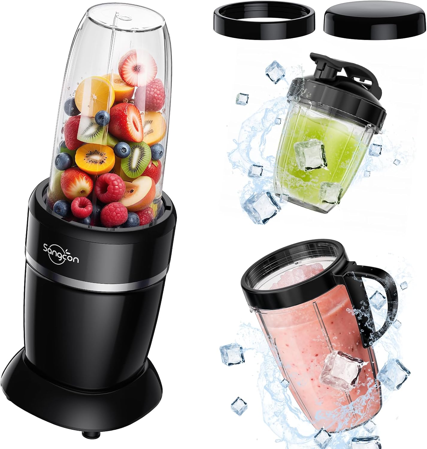 Bundled 1000W Blender for Smoothies, Blender for Kitchen Smoothie Blender with (3) Cups (2) Spout-Lids (1) Storage-Lid (1) To-Go-Lid