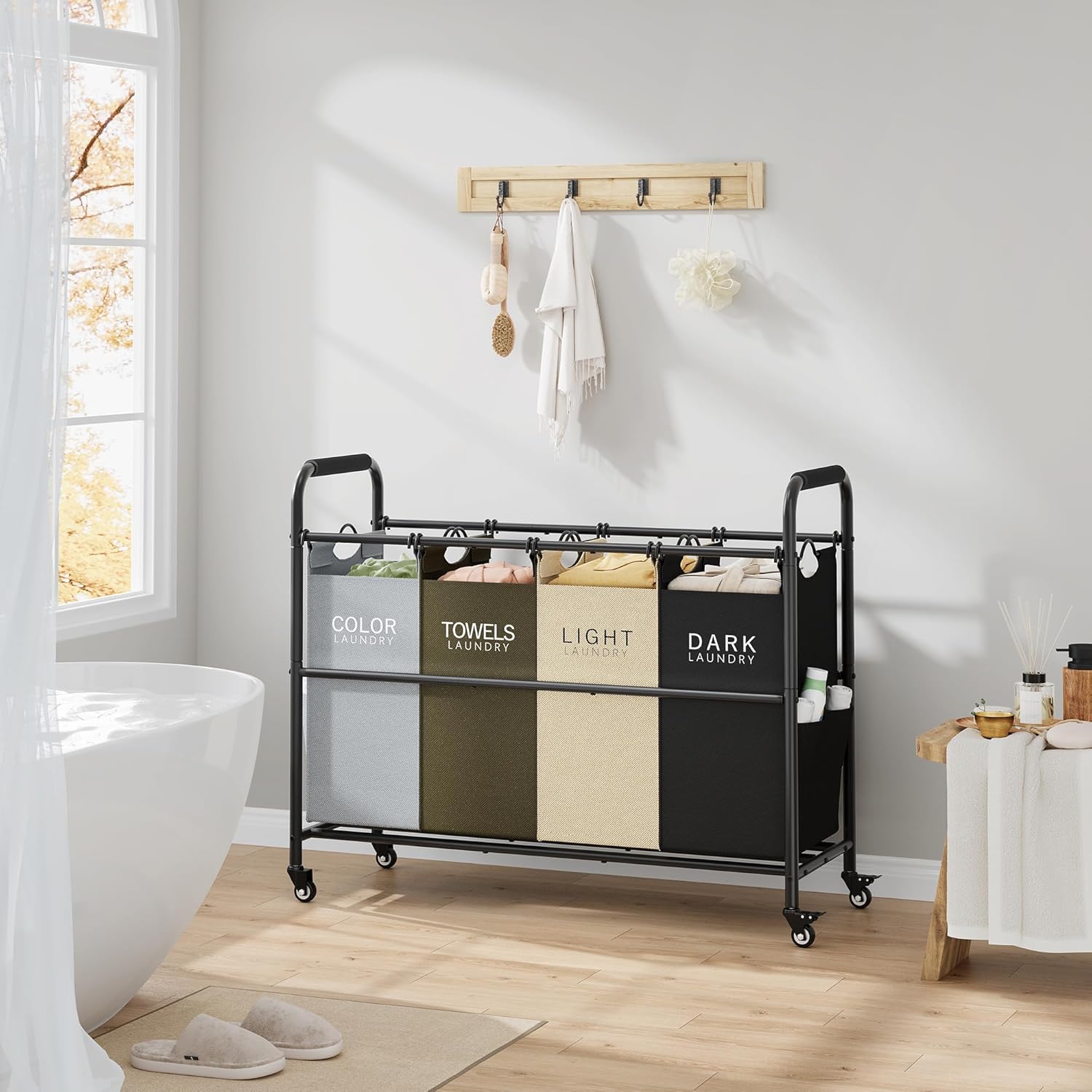 Tajsoon 4 Bag Laundry Sorter Cart, 4 Section Laundry Hamper Sorter with Heavy Duty Lockable Rolling Wheels, Laundry Separator Hamper with Removable Bags for Dirty Clothes Storage, 4 Colors