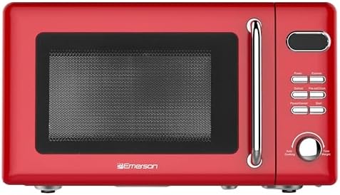 Emerson MWR7020RD Retro Compact Countertop Microwave Oven with Button Control, LED Display, 700W 5 Power Levels, 8 Auto Menus, Glass Turntable and Child Safe Lock, 0.7, Retro Red