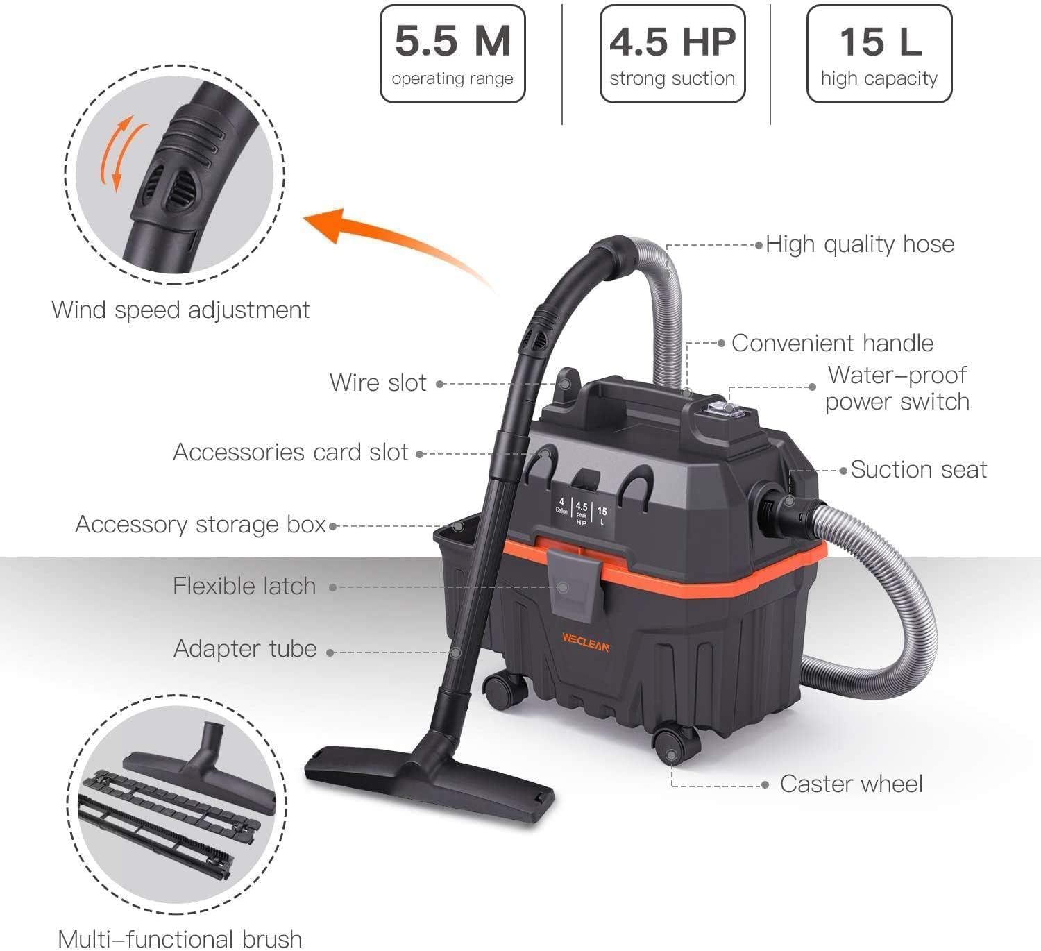 WECLEAN 4 Gallon 5.5 Peak HP Commercial Wet Dry Vacuum Cleaner Shop Vac for Outdoor Patio Wet & Dry Construction Shop Vac with Blower Gift for Father