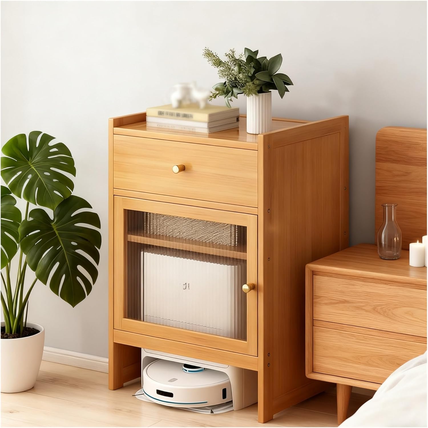 Robot Vacuum Cabinet, Modern Robot Vacuum Storage Bamboo Freestanding Rack for Living Room, Home, Office, Entrance, Corridor(Natural)