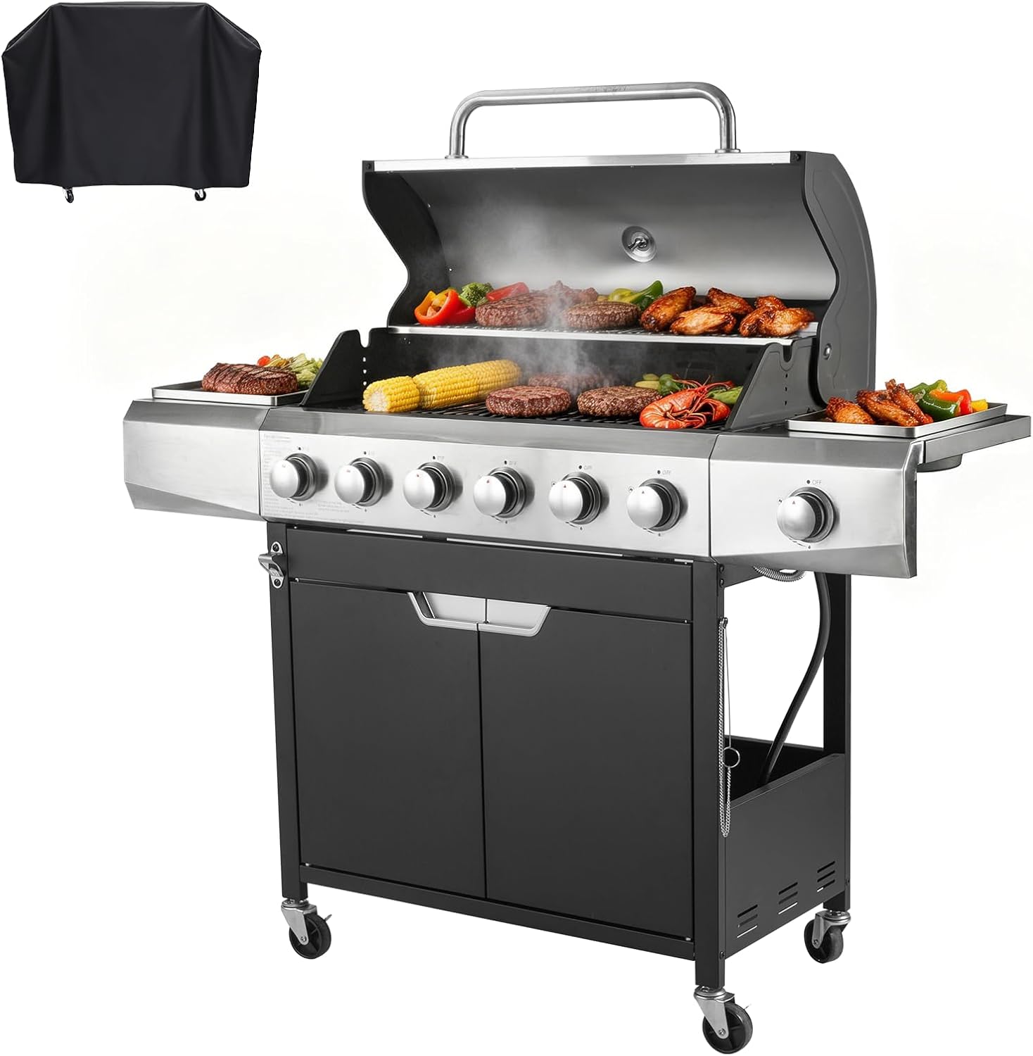 Endark 6-Burner 68,500 BTU Propane Gas Grill with Side Burner, Stainless Steel & Porcelain Grates, Wheeled BBQ Grill for Patio, Garden, Backyard, Outdoor Cooking