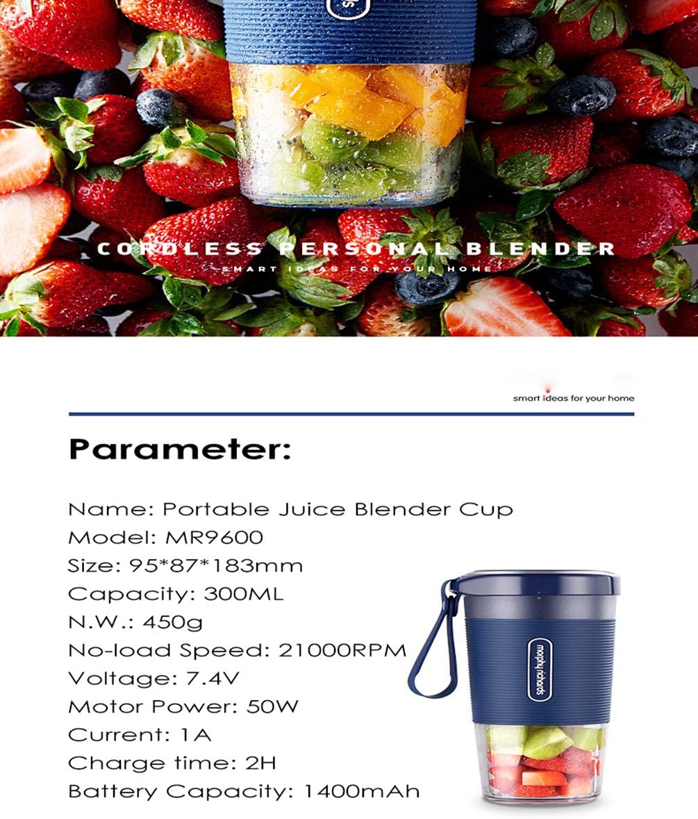 Portable Blender, Mini Blender Smoothie Maker with USB Rechargeable Electric Blender Professional Commercial for Vegetables and Fruit Smoothie Maker Blender Food Processor 1400Mah 300Ml,Blue