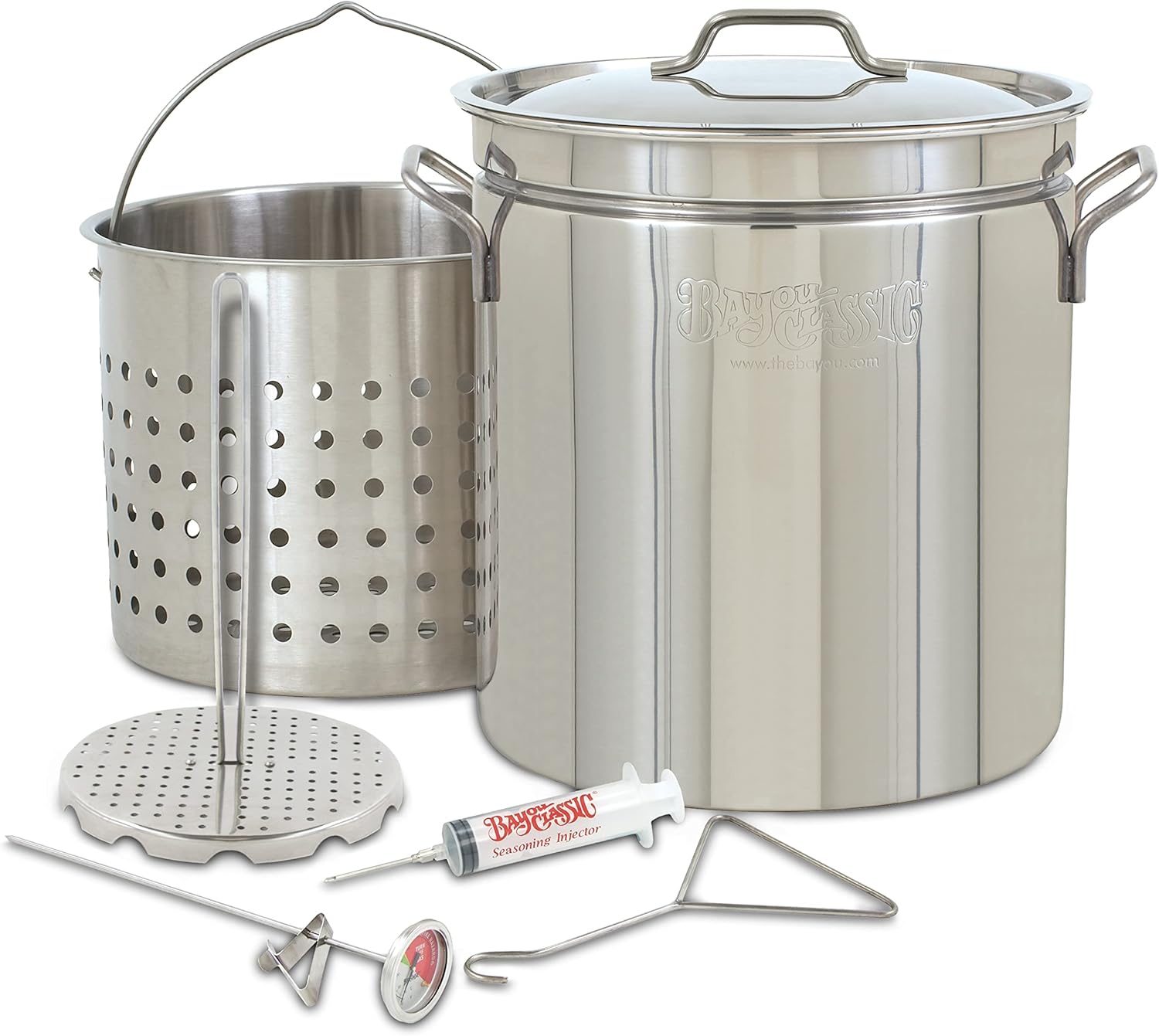 Bayou Classic 1198 44-qt Stainless Grand Gobbler Features Vented Lid Perforated Poultry Rack & Lift Hook 2-oz Seasoning Injector Fry Thermometer Boil/Steam Basket