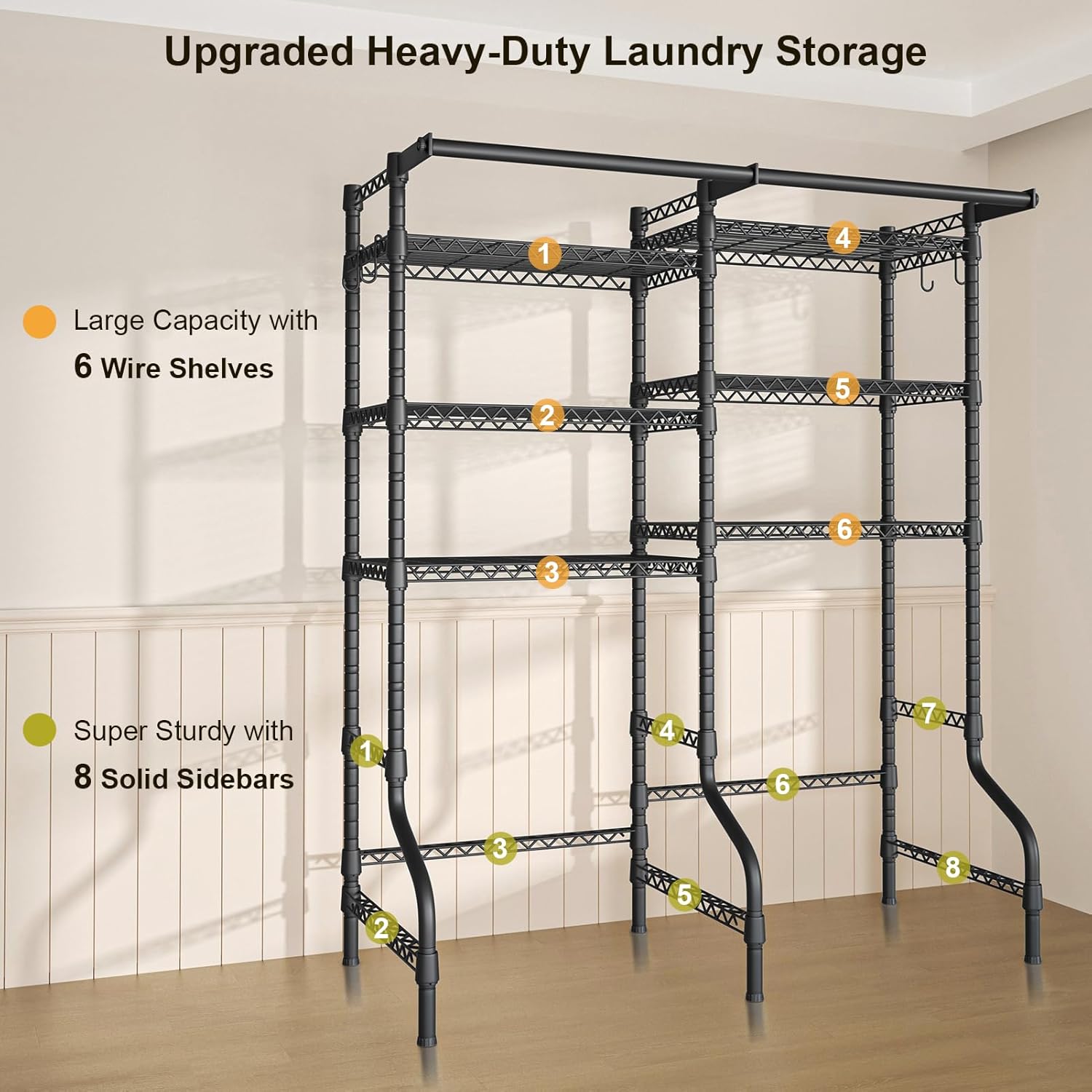 Ulif U13 Over Washer and Dryer Storage Shelves, 6 Tiers Laundry Room Standing Shelf with 2 Hanger Rods, Space Saver Clothes Drying Rack, 63.4