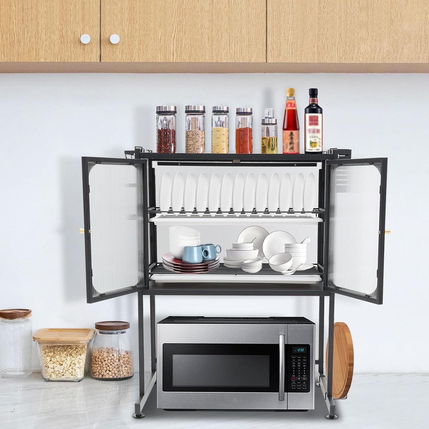 Countertop Microwave Oven Rack, Kitchen Dying Rack with Storage Cabinet Tableware Organizer Shelf with Draining Trays Knife/Chopping Board Holder