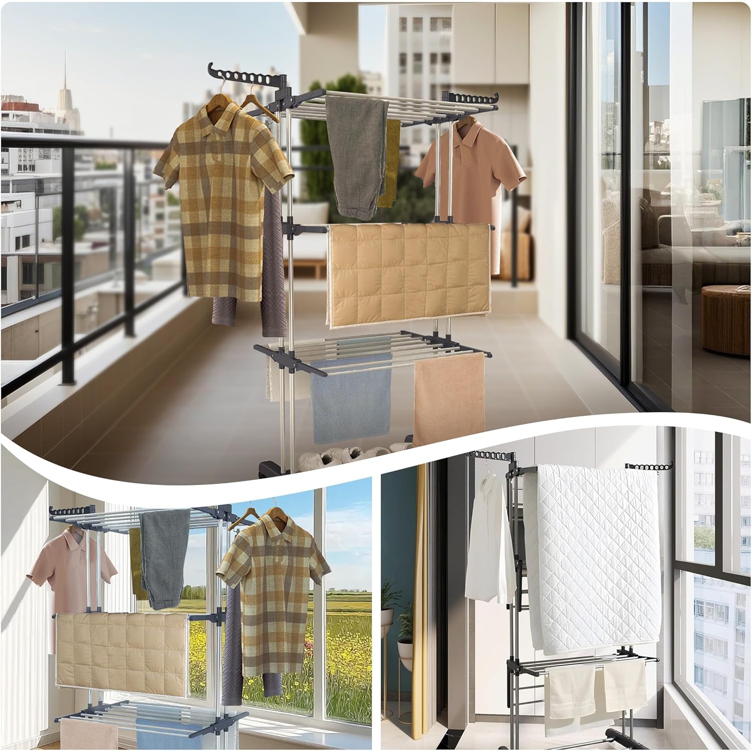 3-Tier Foldable Clothes Drying Rack with Wheels, 77 lb Capacity, Gray