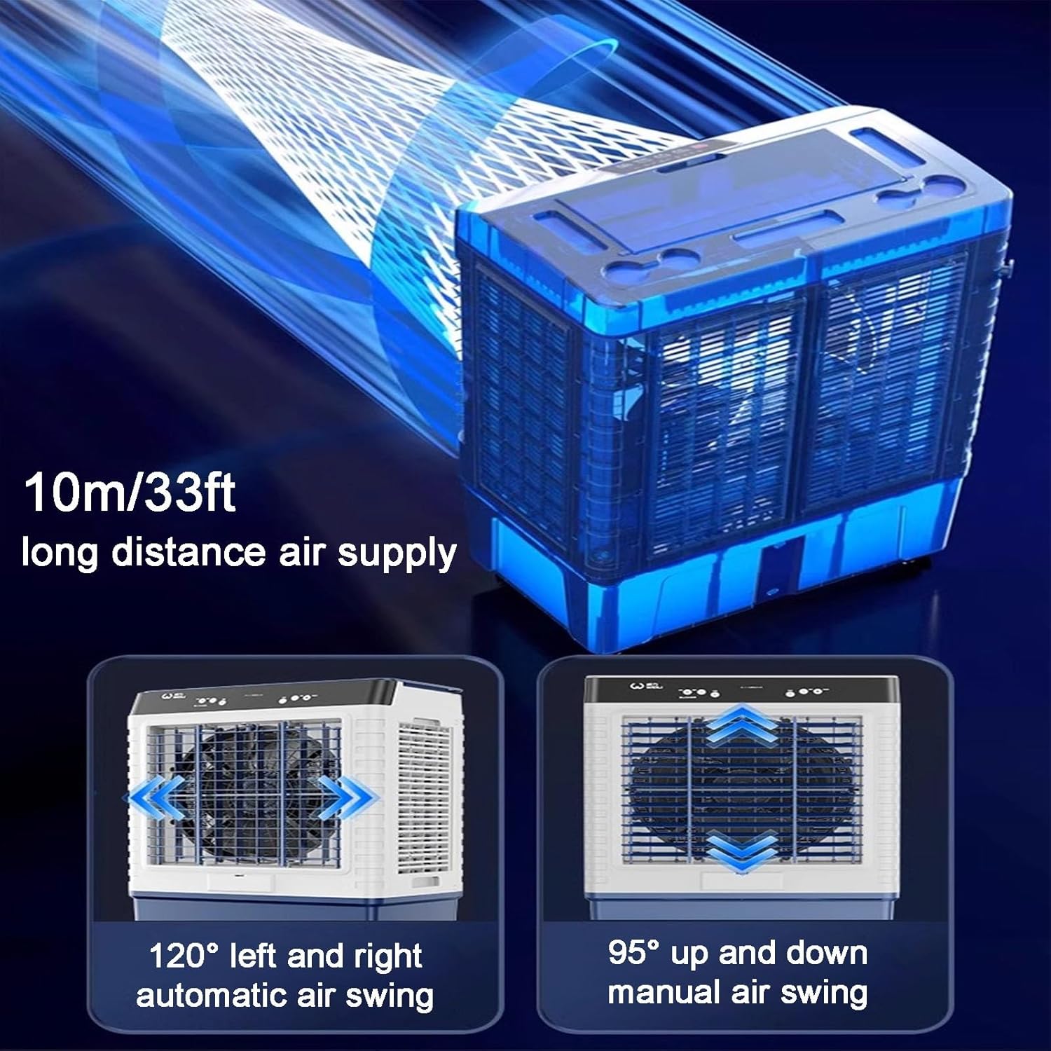 Evaporative Air Cooler, 3 in 1 Swamp Cooler with 4 Ice Crystal Box, Air Conditioner Portable with 3 Speeds, 2 Modes, Knobs for Outdoor, Office, Home(95cm/37in)