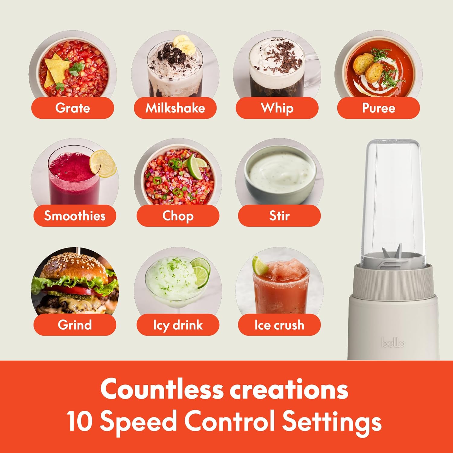 bella 6 Pcs Portable Rocket Blender, Juicer & Smoothie Maker, Press & Twist Design, EverGood™ & BPA Free Dishwasher Safe Parts, 4 Tip Stainless Steel Blade, Cord Wrap, 240 Watt Motor, Oatmilk