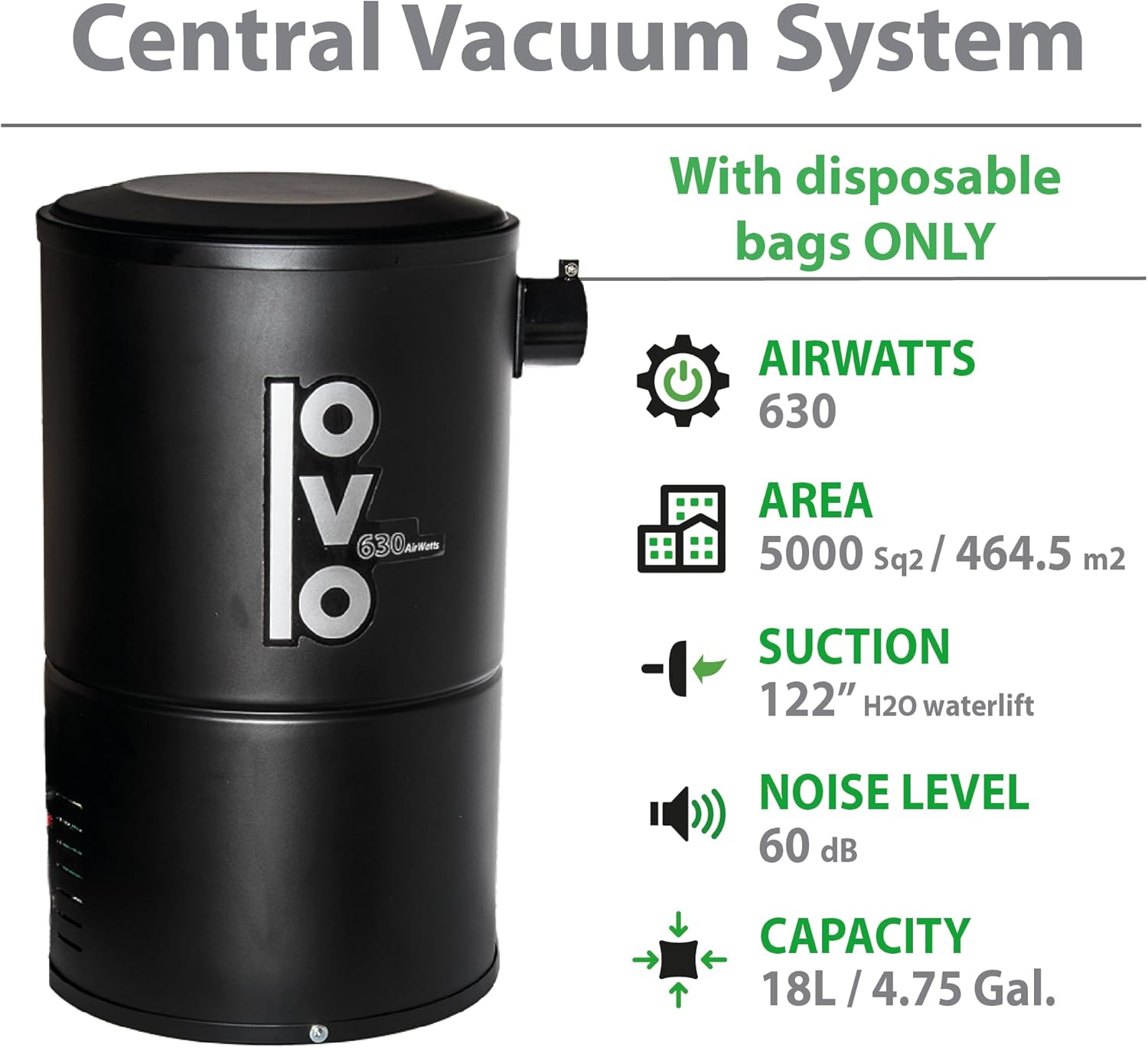 OVO Black Compact and Powerful Central Vacuum System, Condo Vac, 630 Airwatts, Use with Disposable Bag, 18L or 4.75Gal