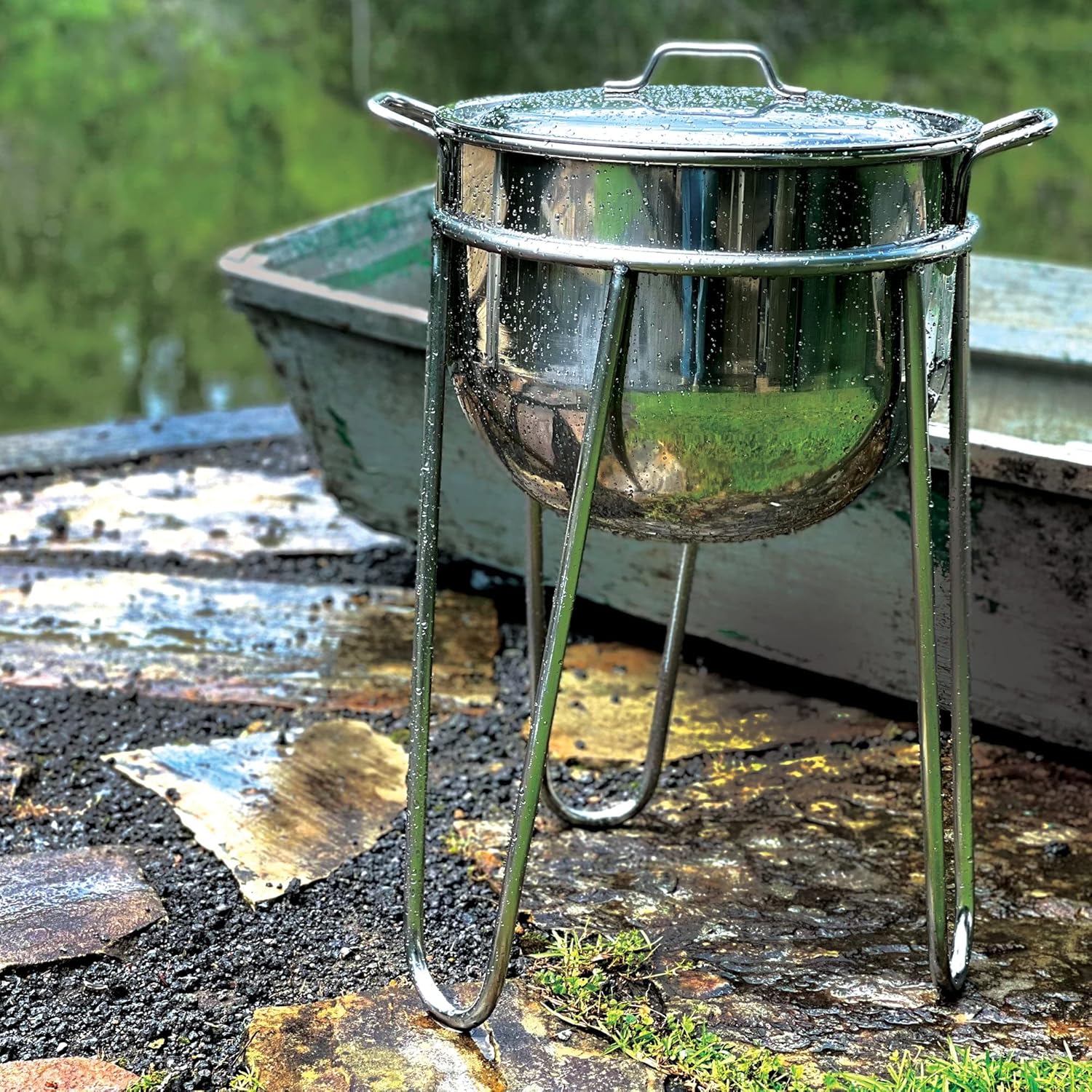 Bayou Classic 800-115 15-gal Stainless Steel Kettle w/Stand Features All Steel Construction 24.5-in Tall Welded Stainless Stand Perfect for Slow Cooking Jambalaya Red Beans and Rice Chili or Gumbo