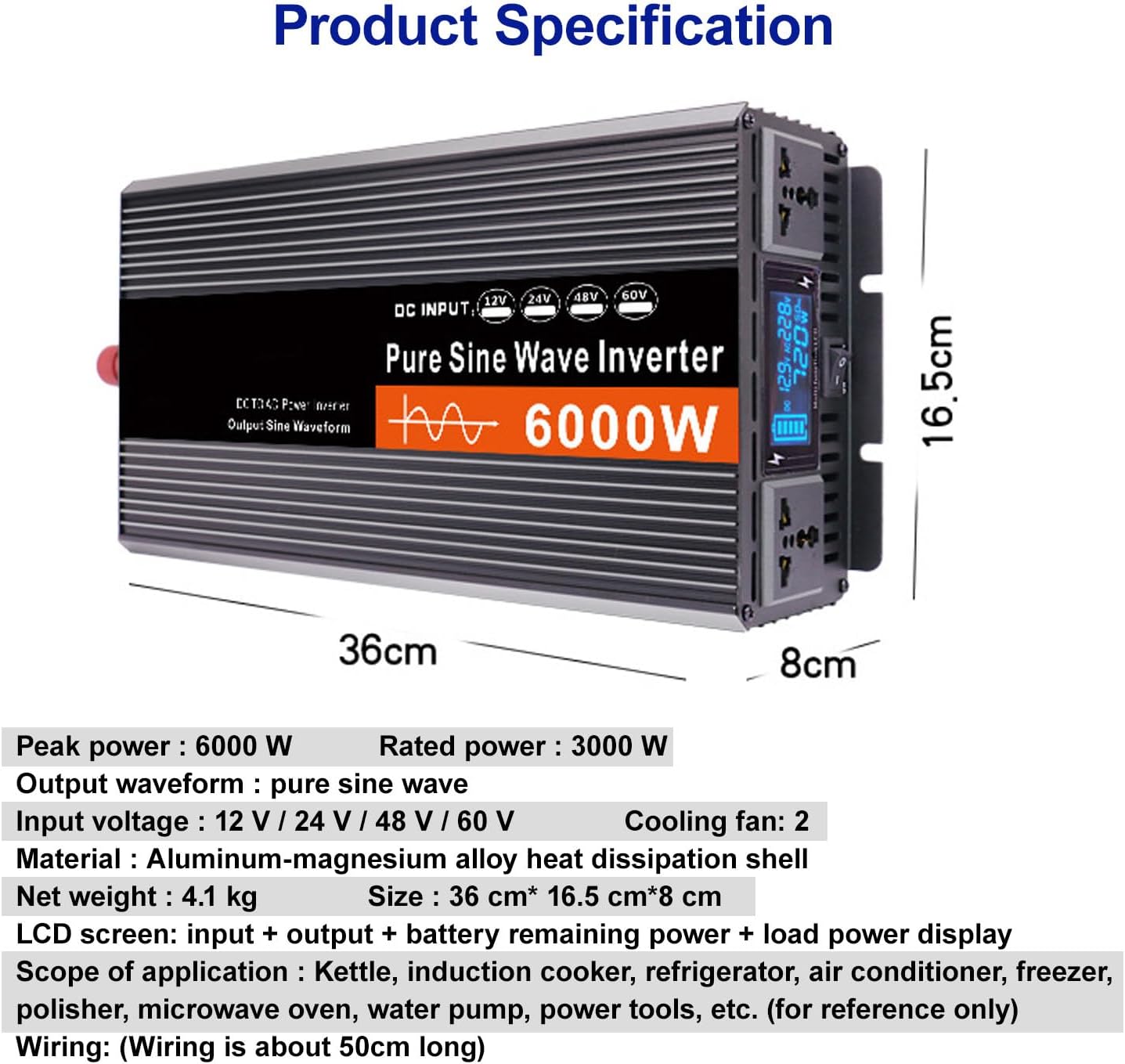 Power Inverter, Pure Sine Wave Inverter, Aluminum Alloy Material, DC to AC Car Inverter, for Solar, Washing Machine, Microwave Oven, Polisher, with Digital Display,6000W