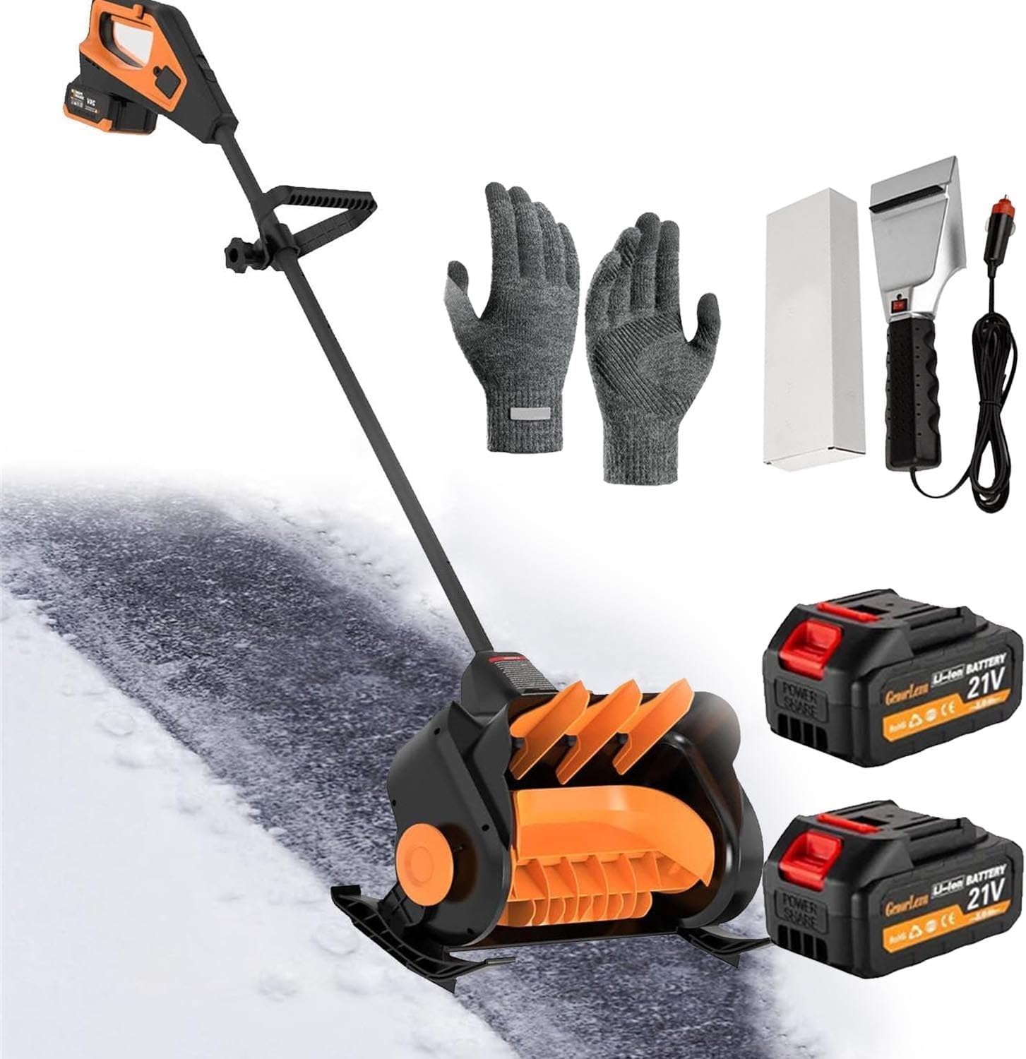 Cordless Snow Shovel w/Gloves+Heated Snow Shovel,Electric Snow Blower for Driveway-Adjustable Front Handle 180° Rotates,41cm Width, 15cm Depth,10m Throwing Distance(2 Batteries),Orange