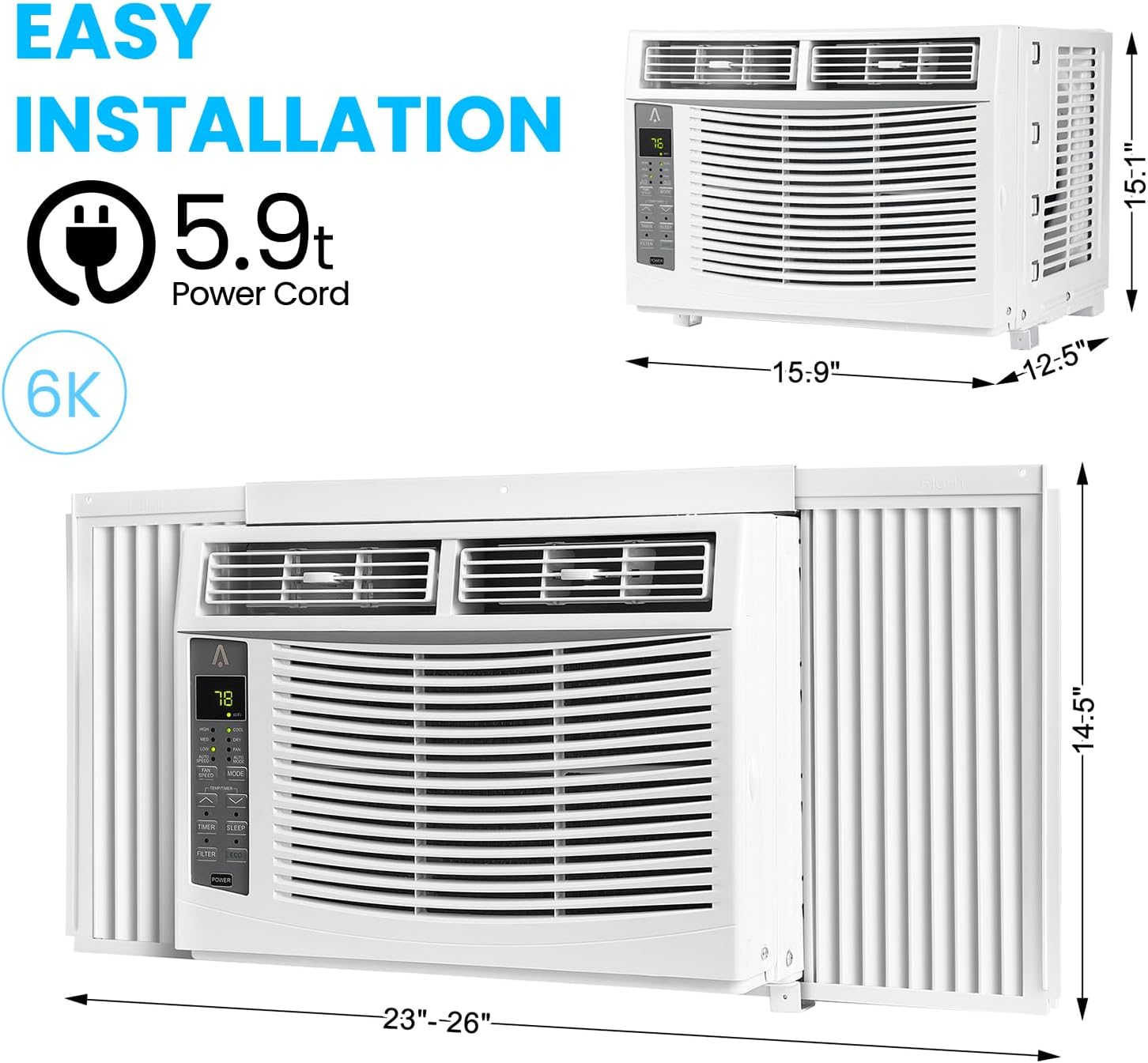 6000btu Window Air Conditioner Units, Fast Cooling 250 Sq.ft. 115V Air Conditioner Window Unit with Remote Controlled, App Controlled, 50db Low Noise,Small Ac Unit for Room Quick Installation
