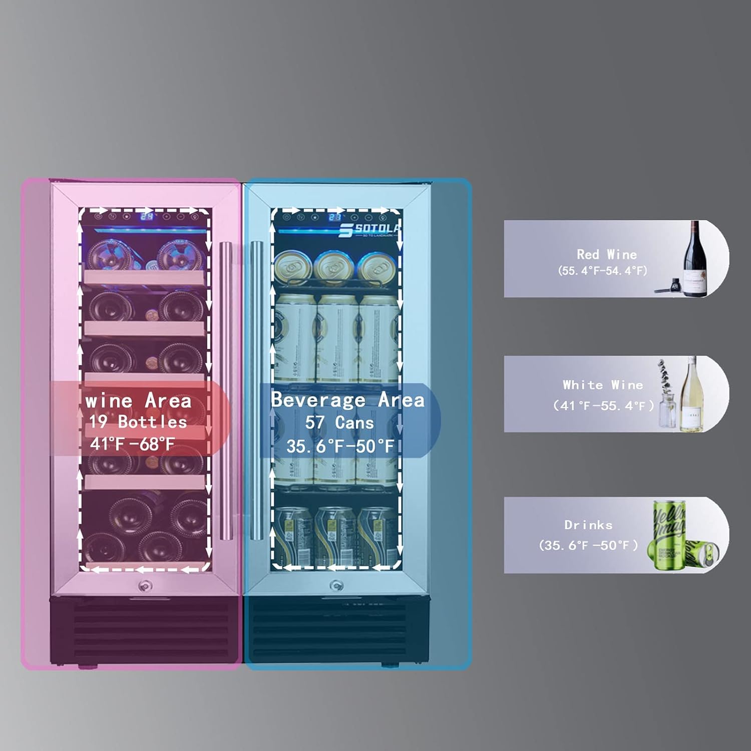 24'' Wine Cooler Refrigerator, Dual Zone Built-in or Freestanding Wine Cooler with Double Glass Door, Mini Quietly Fridge with Compressor, Keeps 19 Wine Bottles and 57 Cans Beverages