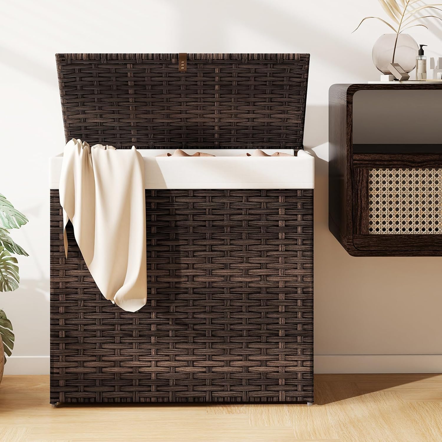 Giantex Laundry Hamper w/Wheels, 3 Section Hamper 125L w/2 Removable Liner Bags, Handwoven Rattan Divided Laundry Basket w/Lid and Handle for Laundry Sorter for Bathroom Bedroom (Brown)
