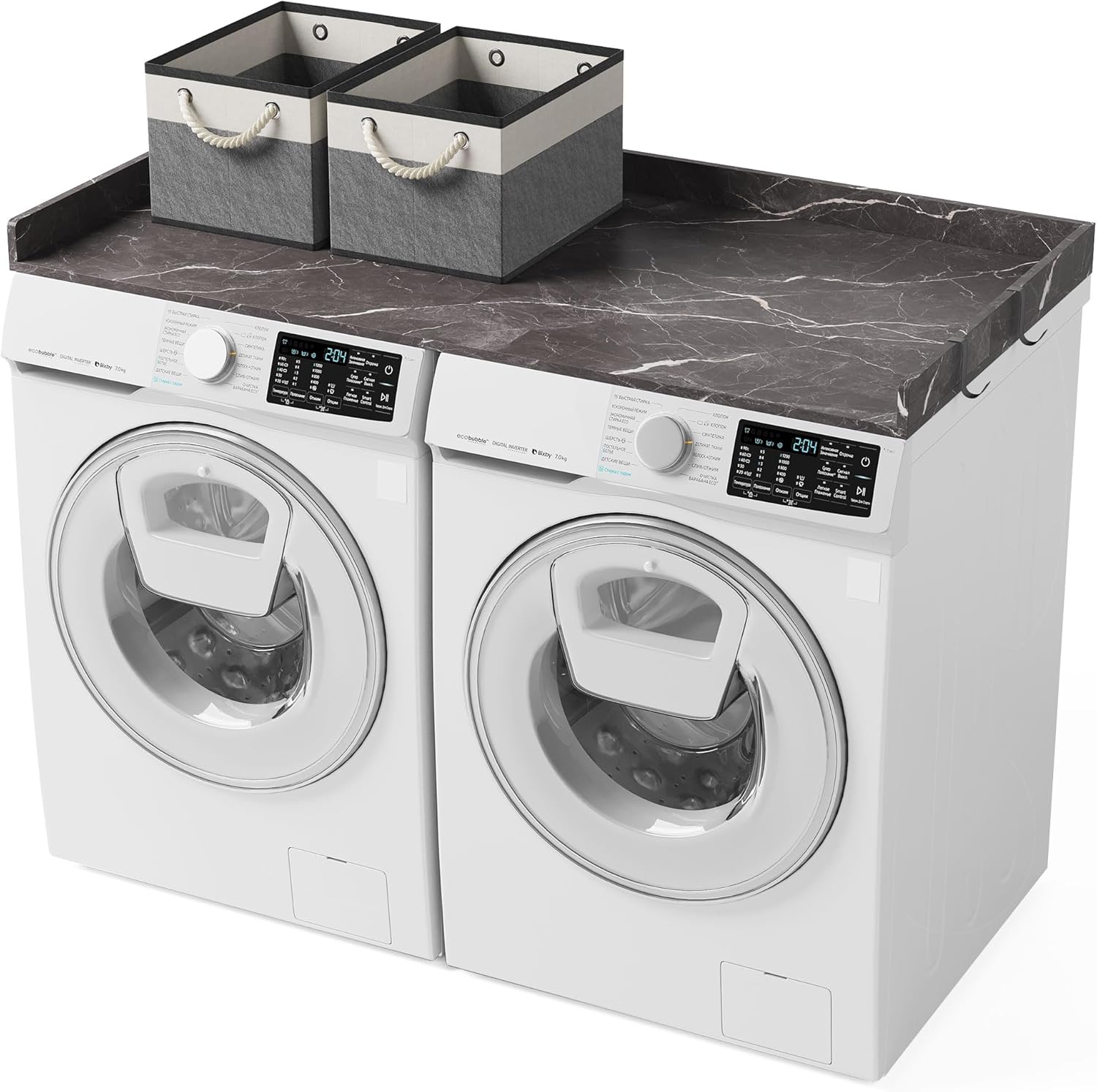 Washer Dryer Countertop – 54 x 27.6 Non-Slip Laundry Topper for Front-Load Washers & Dryers | Metal Hooks & Edge Rails | Includes 2 Storage Baskets for Organization