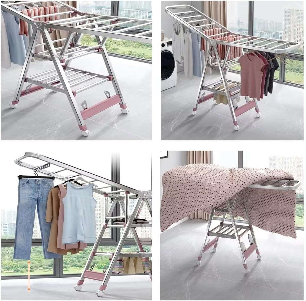 Clothes Drying Rack Folding Indoor,Foldable 3-Level Laundry Drying Rack,Free-Standing Drying Rack,with Height-Adjustable Wings,Sock Clips,for Clothes,Sheets,Shoes(150cm)