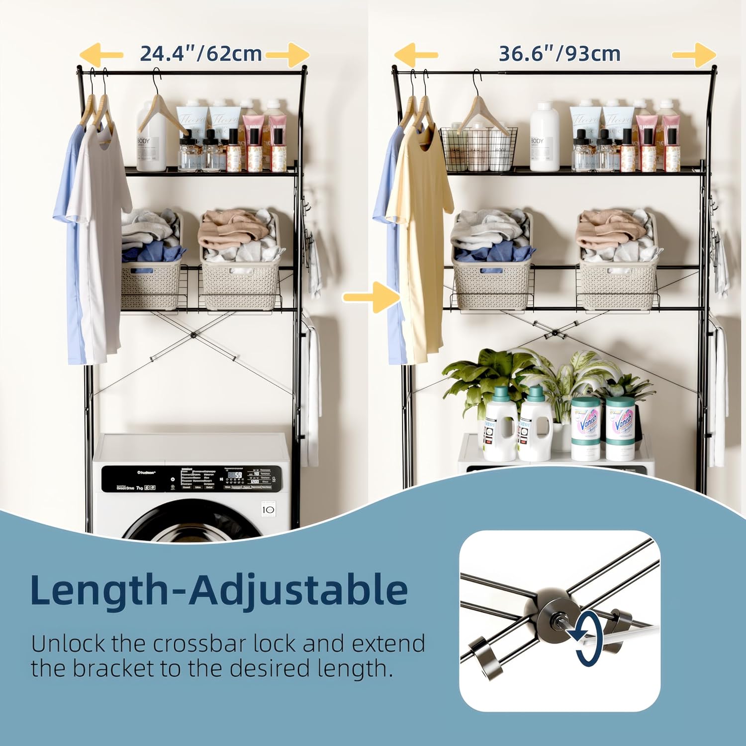 Laundry Room Storage Shelf, 2 Tier Metal Over Washer and Dryer Shelves, Washing Machine Shelf with Hanger Rods & Hooks, Expandable Bathroom Space Saver Shelf, 26–36.8