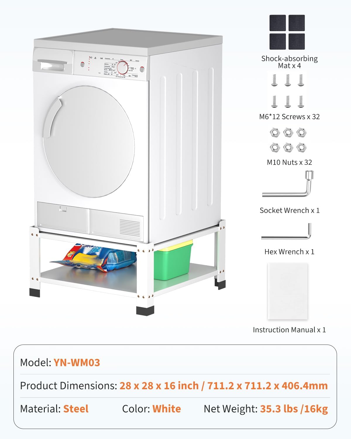 Washer Dryer Laundry Pedestals Base with Storage Shelf, Washer and Dryer Stand Universal Platform, 28.3