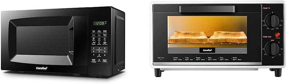 COMFEE' EM720CPL-PMB Countertop Microwave Oven, 0.7cu.ft, 700W, Black & Mini Countertop Toaster Oven, 2-Knobs Easy to Control with Timer-Bake-Broil-Toast Setting, 1000W, Black