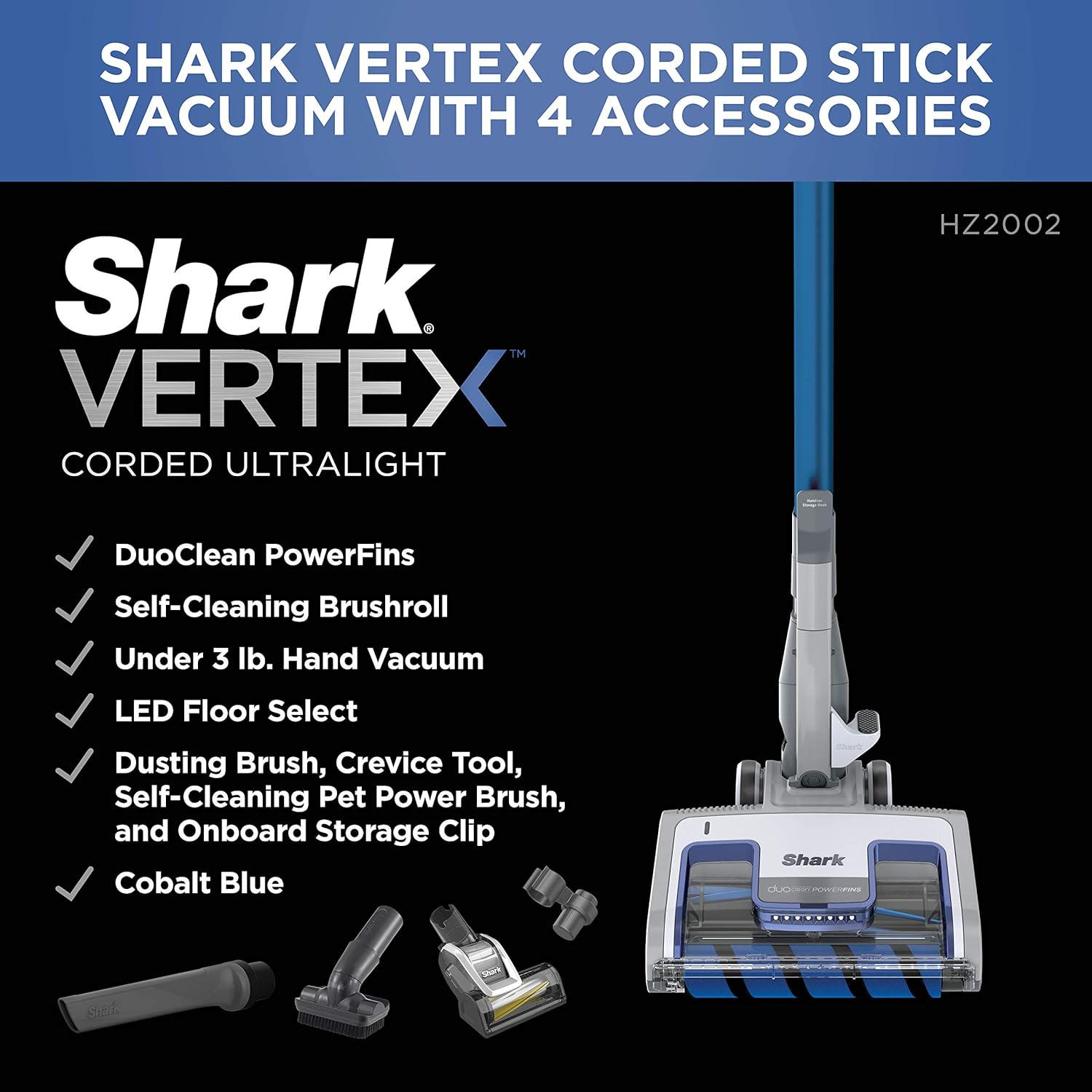 Shark HZ2002 Vertex Corded Ultralight DuoClean PowerFins Stick Vacuum with Self-Cleaning Brushroll (Cobalt Blue) (Renewed)