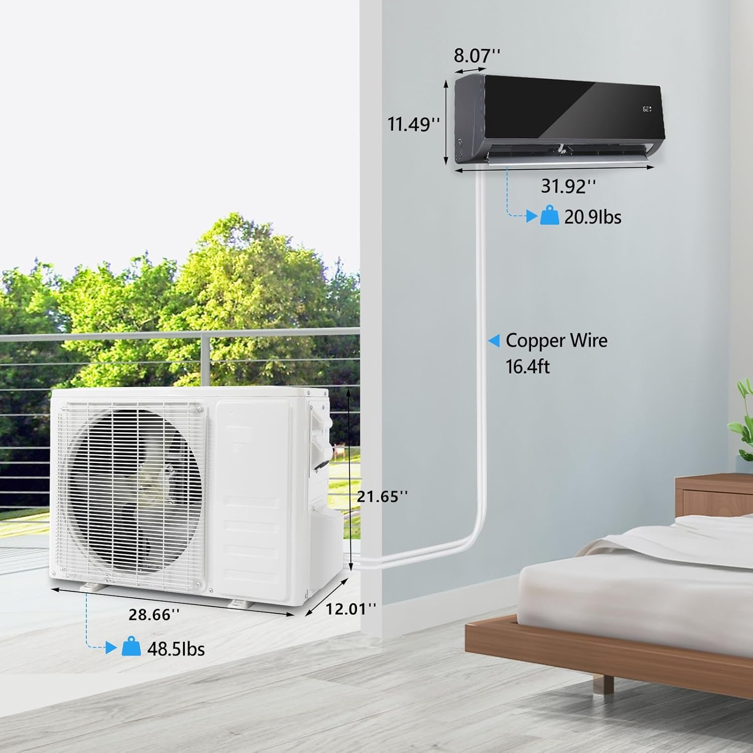 Bonnlo 9000 BTU Mini Split Air Conditioner & Heater, 19 SEER2 115V Inverter Ductless Wall AC Unit for Rooms up to 400 Sq. Ft with Pre-Charged Condenser, Heat Pump & Installation Kit (Black)