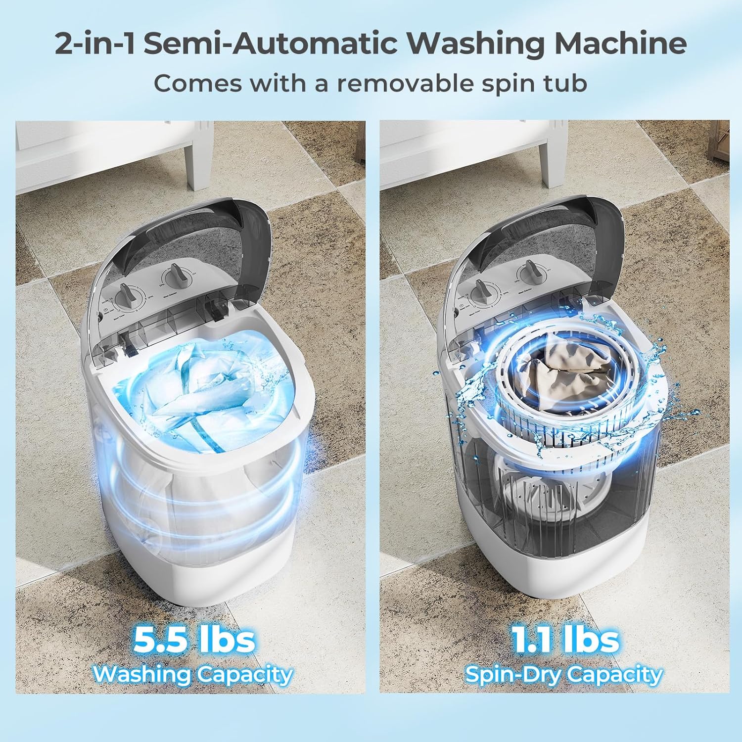 ARLIME Portable Washing Machine, 5.5 lbs Mini Top Load Washer with Removable Spin Dry Tub & Safety Cover, Compact Semi-Automatic Laundry Machine for Home Apartment RV Dorm, Blue/Gray (Grey)