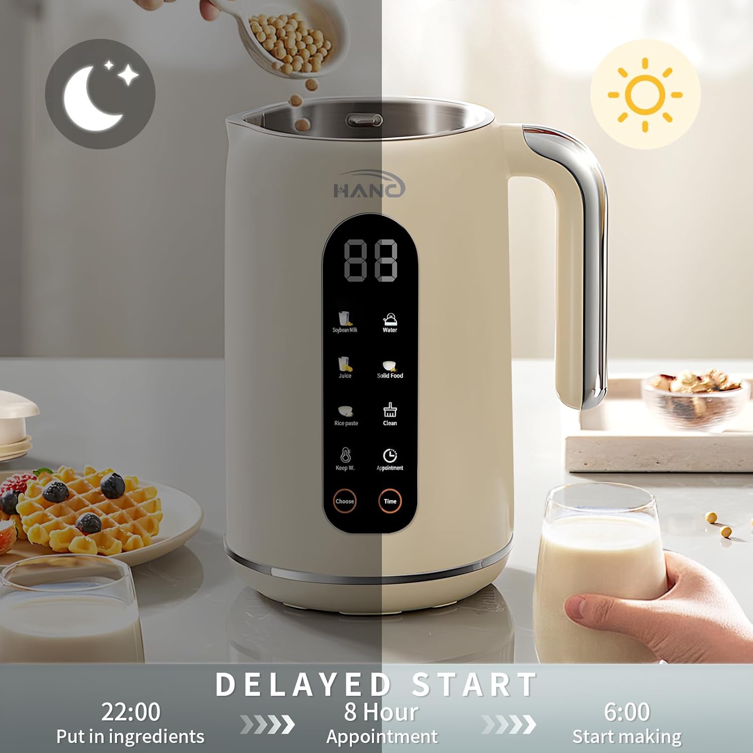 HANC 42oz Nut Milk Maker Machine, 8 in 1 Silent Automatic Soy Milk Maker, Homemade Soy Milk, Oat, Puree, Almond Milk Maker with Delay Start/Keep, Cream Warm/Boil Water/Self-Cleaning, Cream