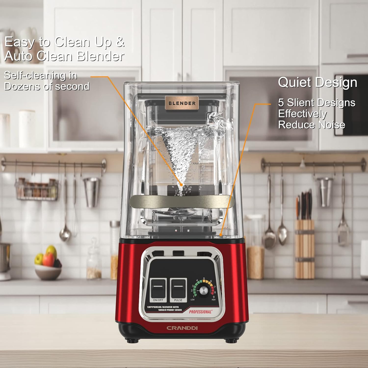 CRANDDI Commercial Blender, 2200W Countertop Blenders with Removable Shield, Quiet Smoothie Blender for Shakes and Ice Crushing, 52oz, 38000 RPM Professional Blenders for Kitchen, K80 (Red)