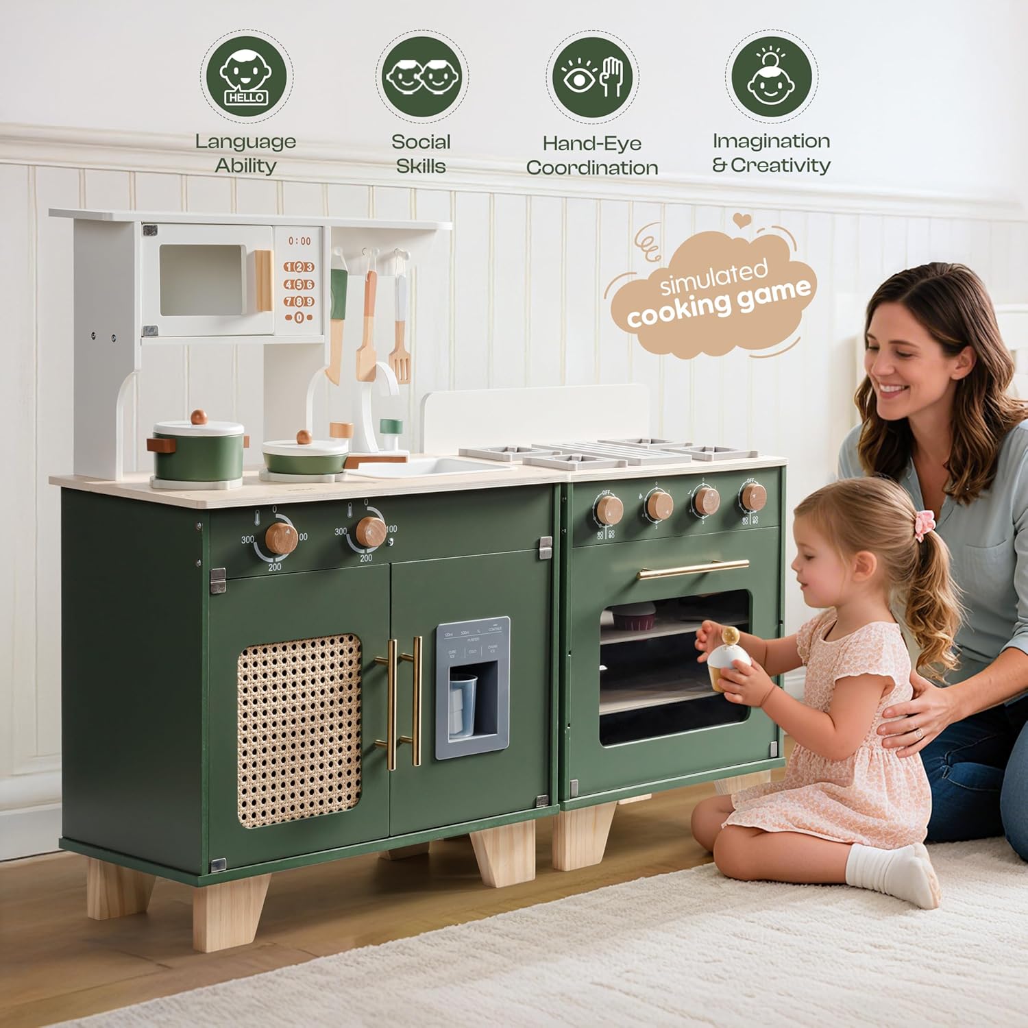 ROBOTIME Play Kitchen with Toy Fridge, Toy Oven, Wooden Kids Kitchen Play Set, Toy Kitchen Set for Kids Age 3 4 5 6 7 (Vintage Green)