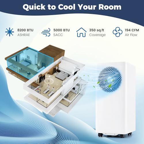 DORTALA Portable Air Conditioner 8200 BTU, 3-in-1 AC Unit with Remote Control, Dehumidifier, 24H Timer, Window Kit, Standing AC for 350 Sq.FT Apartment, Bedroom, White