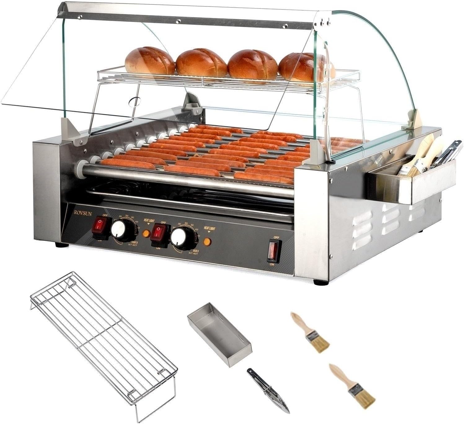ROVSUN Hot Dog Roller 11 Rollers 30 Hot Dogs, Roller Grill Cooker Commercial w/Cover, Dual Temp Control, LED Lighting, Removable Shelf & Drip Tray for Party Home ETL1650W