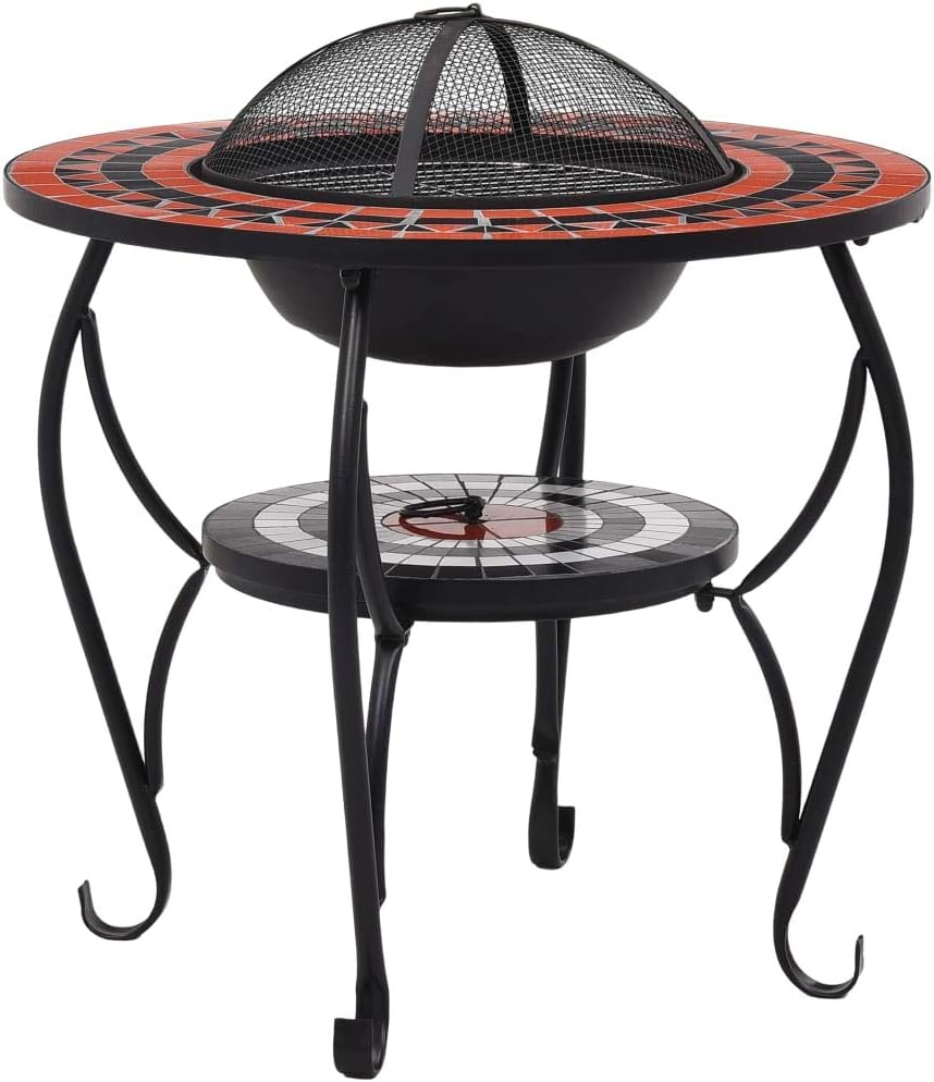 Multifunctional Fire Pit Table, Patio Decorative Table, Round Table for Camping, Outdoor Heating, Campfire and Picnic,Mosaic Fire Pit Table Terracotta and White 26.8