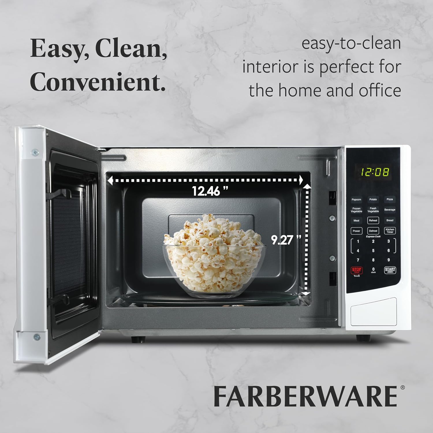 Farberware 0.9 Cu. Ft. Countertop Microwave Oven – 900W Power, Auto Cook Settings, Defrost, and Safety Lock – White