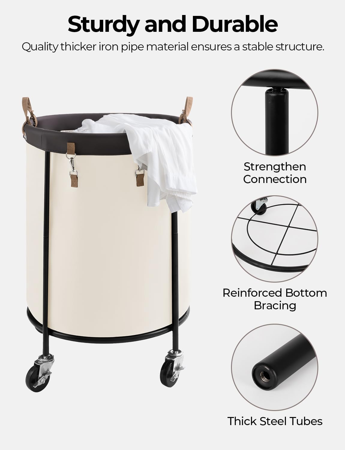 StorageWorks 170L Rolling Laundry Basket, Clothes Hamper with Wheels, Round Clothing Cart with Steel Frame and Removable Bag, 4 Casters and 2 Brakes, Beige, 1-Pack