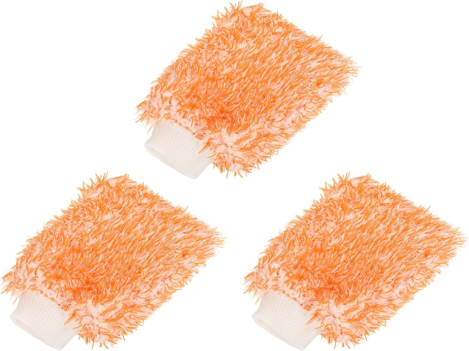 MECCANIXITY Microfiber Wash Mitt Blend Washable Scratch Free Dusting Gloves for House Cleaning, Orange White Pack of 3