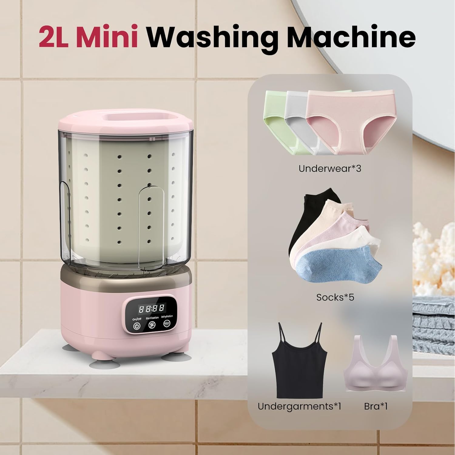 Pink Rechargeable Portable Mini Washing Machine All-in-1 Underwear Washing Machine with 2L Cup Capacity for Bra Underwear Socks Home Hotel Apartment RV Travel.