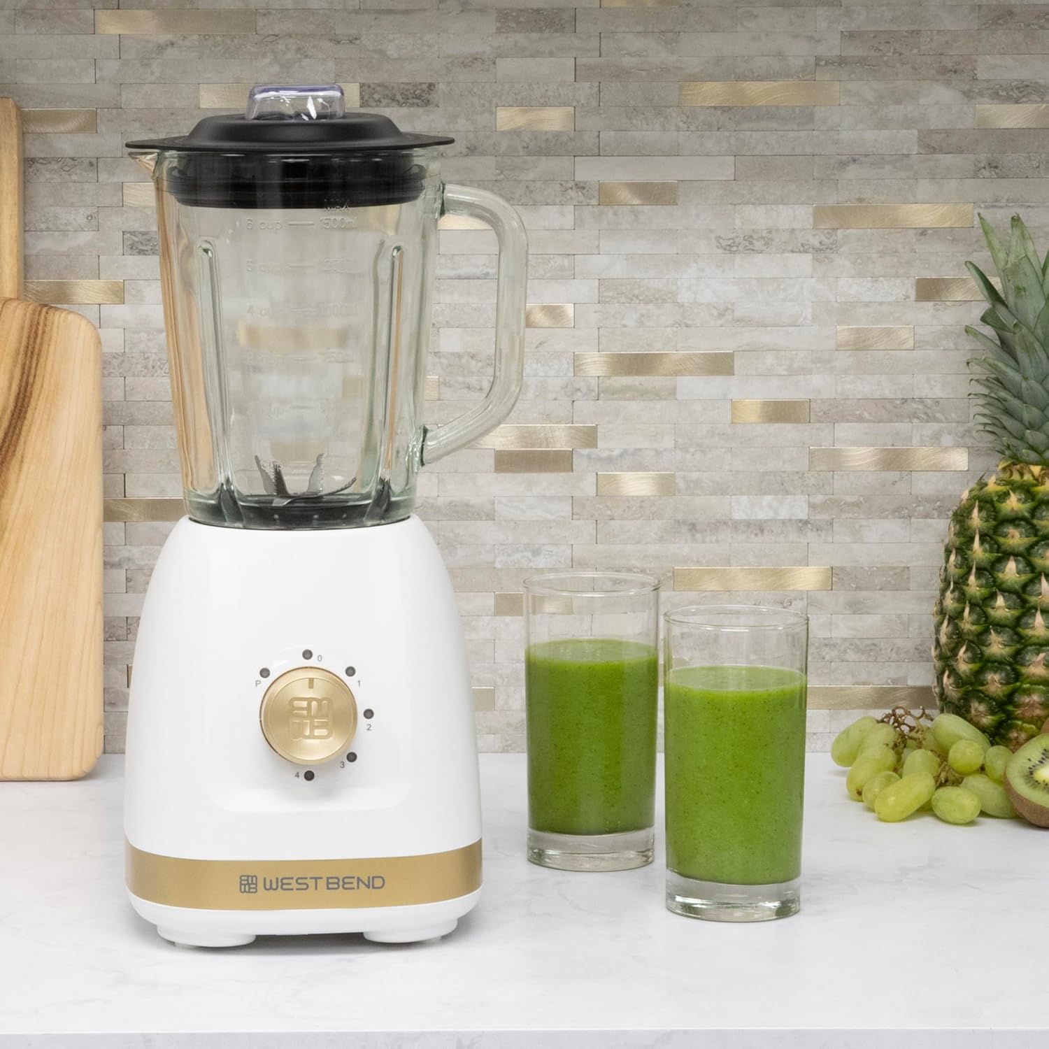 West Bend Timeless 5-Speed Multi-Function Blender, 48 oz Glass Jar with 20 oz Travel Cup, LED Controls, White/Gold